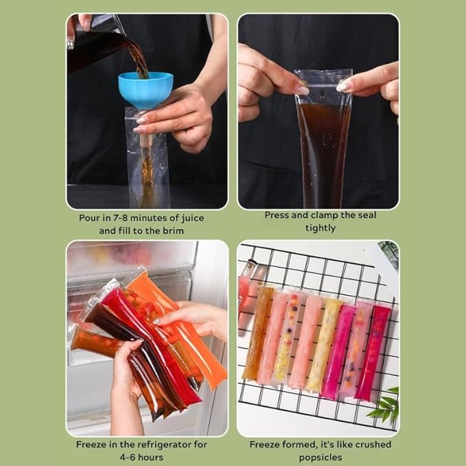 50PCS Disposable Ice Pop Bags with Funnel – DIY Freeze Pop Sleeves for Homemade Juice, Smoothie, Yogurt