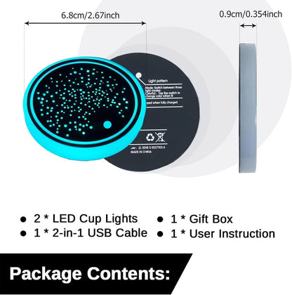 2PCS LED Car Coasters for Cup Holders 7 Colors Changing USB Charging Mat Waterproof