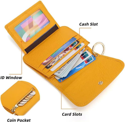 Small Wallet for Women RFID Blocking Genuine Leather Card Case Slim Tri-Fold Wallet with Zipper Pocket and Keychain