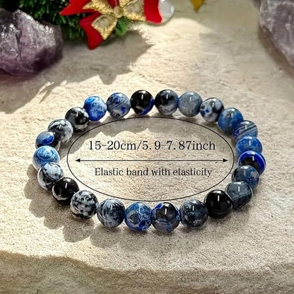 Blue Fire Agate Energy Bracelet, Handmade Marbled Crystal for Clarity & Focus, Stretch Meditation Jewelry
