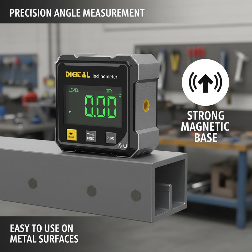 Digital Angle Finder,4 Sided Magnetic Digital Angle Gauge, USB Rechargeable & Large LED Display