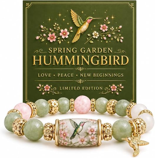Limited Edition Hummingbird Floral Stone Bracelet, Mixed Rose Quartz & Green Aventurine Beads With 3D Hummingbird Charm