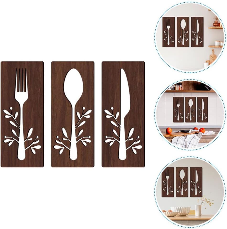 3Pcs Wooden Kitchen Signs: Fork, Spoon, Cutter, Eat - Decorations for Kitchen, Dining Room, Restaurant, Coffee Shop