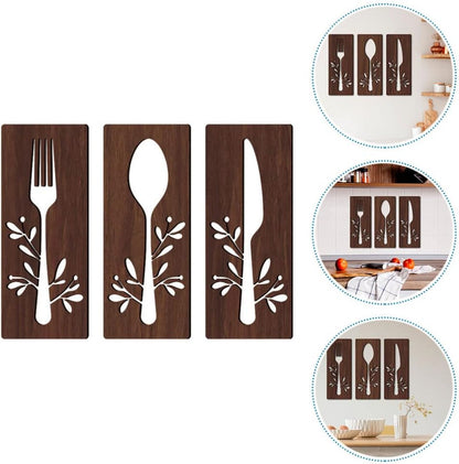 3Pcs Wooden Kitchen Signs: Fork, Spoon, Cutter, Eat - Decorations for Kitchen, Dining Room, Restaurant, Coffee Shop