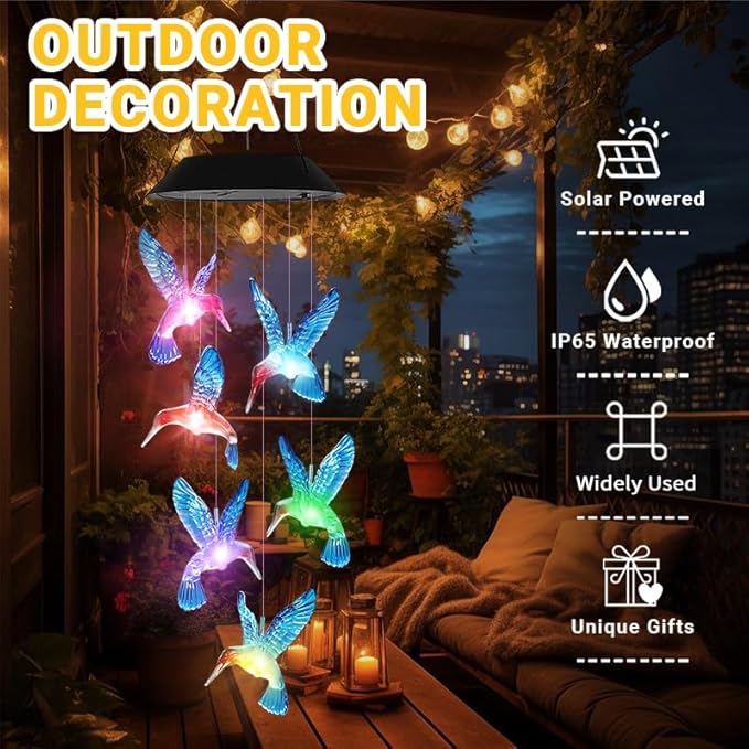 Hummingbird Solar Wind Chimes Color Changing Solared Lights Outdoor Waterproof LED Wind Chimes