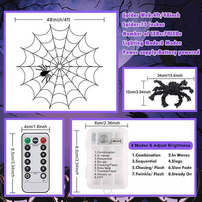 Halloween Decorations Spider Web Lights - 4FT Diameter 70 LEDs with Black Spider, Remote Control