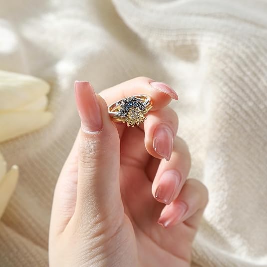 Celestial Sun and Moon Ring Set, Sparkling Sun Ring/Blue Moon Ring
