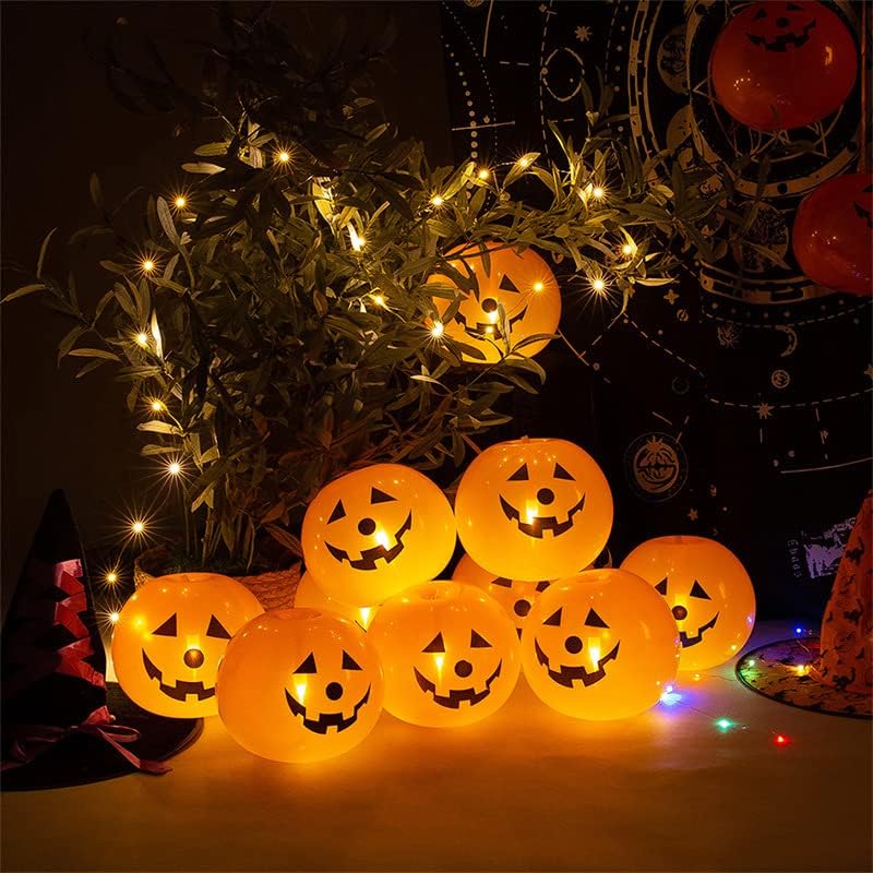 10Pcs Halloween Pumpkin LED Latex Balloons, Orange Inflatable Party Decor