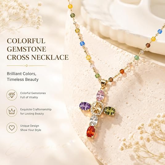 Rainbow Cross Pendant Necklace for Women Cubic Zirconia Faith Jewelry