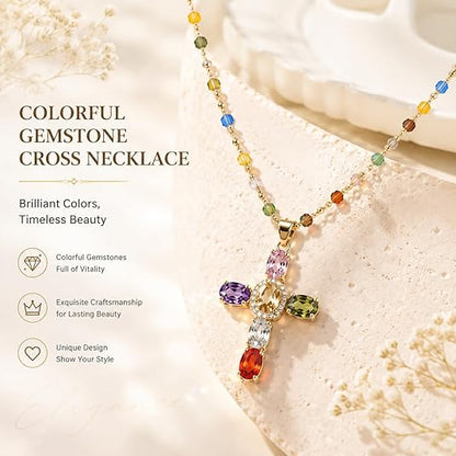 Rainbow Cross Pendant Necklace for Women Cubic Zirconia Faith Jewelry