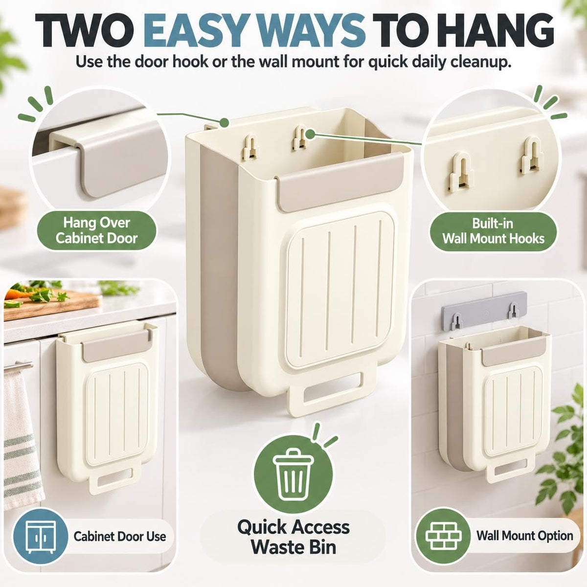 Hanging Kitchen Trash Can for Cabinet Door, Space-Saving Waste Bin