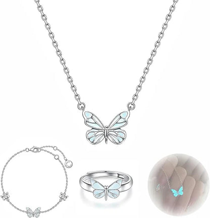 2Pcs Women Romantic luminous Butterfly Necklace Bracelet Set