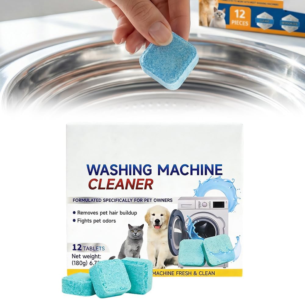 12Pcs Washing Machine Cleaner Tablets – Removes Stubborn Pet Hair, Odors & Mold, Septic Safe