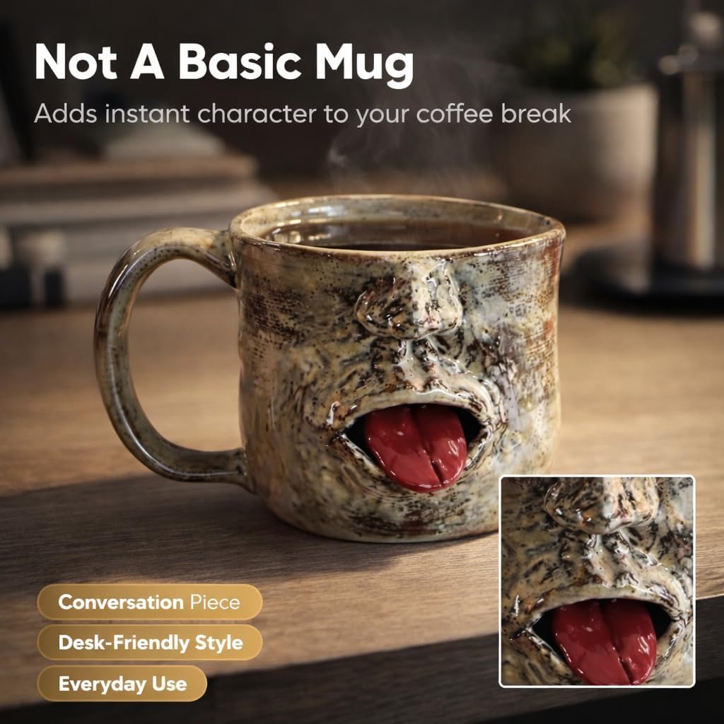 Handmade Face Shaped Ceramic Mug, Funny Tongue Out Coffee Cup with Artistic Sculptural Design