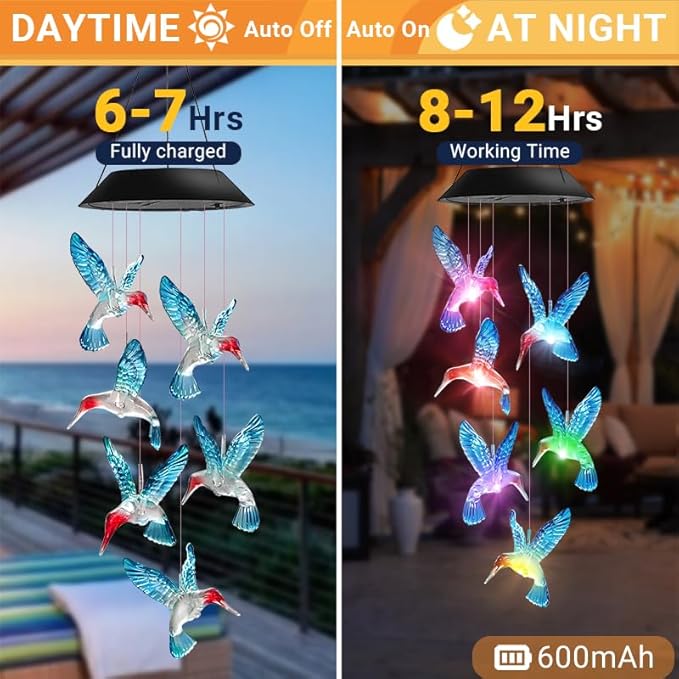 Hummingbird Solar Wind Chimes Color Changing Solared Lights Outdoor Waterproof LED Wind Chimes