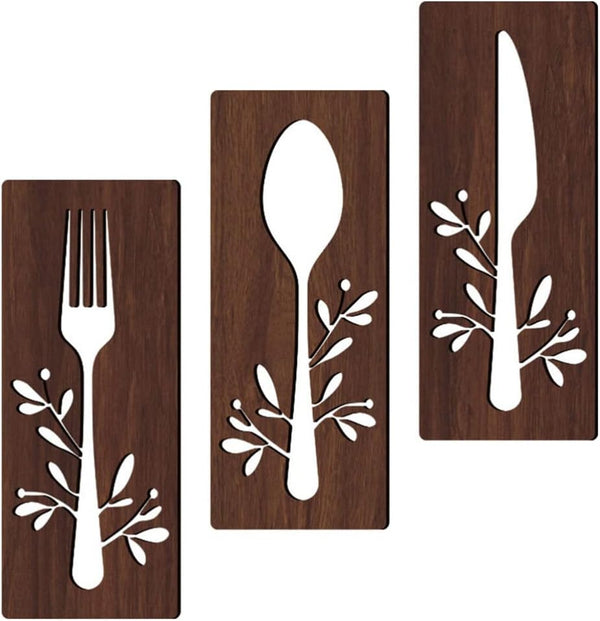 3Pcs Wooden Kitchen Signs: Fork, Spoon, Cutter, Eat - Decorations for Kitchen, Dining Room, Restaurant, Coffee Shop