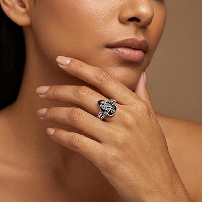 Black Onyx Energy Ring - Floral Vine Teardrop Design