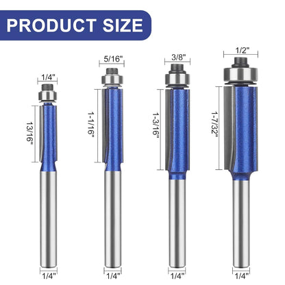 4 Piece Dual Bearing Flush Trim Router Bit Set, 1/4 Inch Shank Edge Trimming Tool for Woodworking, Deburring & Polishing