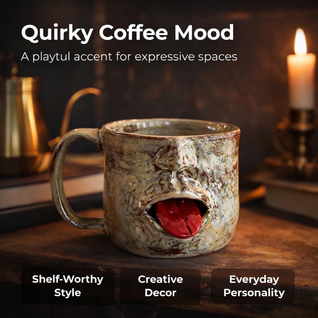 Handmade Face Shaped Ceramic Mug, Funny Tongue Out Coffee Cup with Artistic Sculptural Design