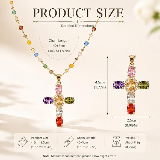 Rainbow Cross Pendant Necklace for Women Cubic Zirconia Faith Jewelry