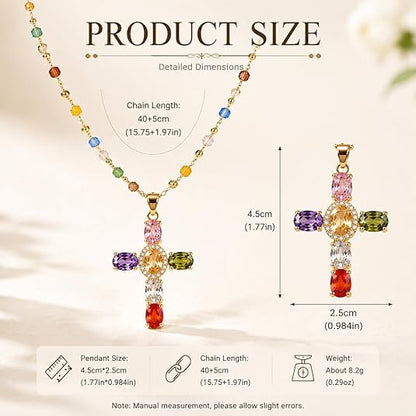 Rainbow Cross Pendant Necklace for Women Cubic Zirconia Faith Jewelry