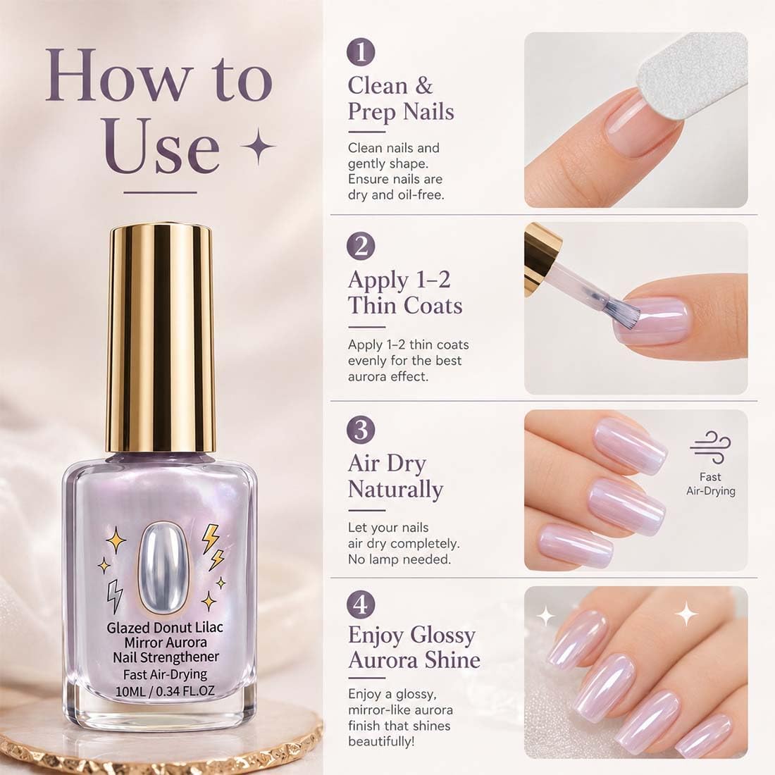 2Pcs Lilac Glossy Mirror Nail Strengthener, Glazed Donut Lilac Mirror Aurora Nail Strengthener Fast Air-Dry