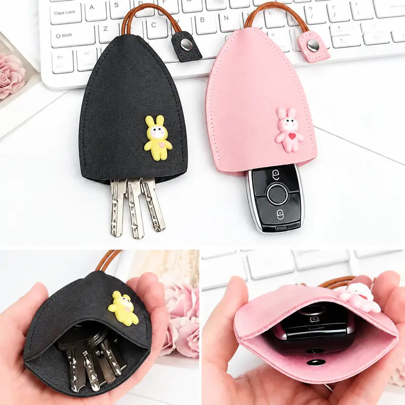 3PCS Cute Cartoon Pull-out Key Case, Portable Leather Car Key Holder