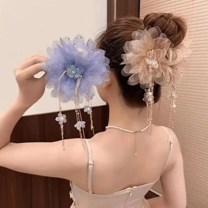 3-Piece Butterfly Tassel & Tulle Peony Hair Clip Set, Non-Slip Claw Clip