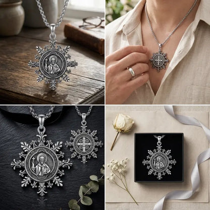 Unisex Silver-Plated Copper Coating St. Benedict Medal Necklace Vintage Snowflake Design