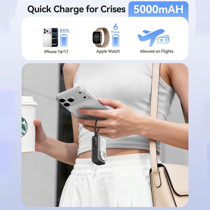 3-in-1 5000mAh Portable Charger with Built-in USB-C Cable | Mini Power Bank for Apple Watch