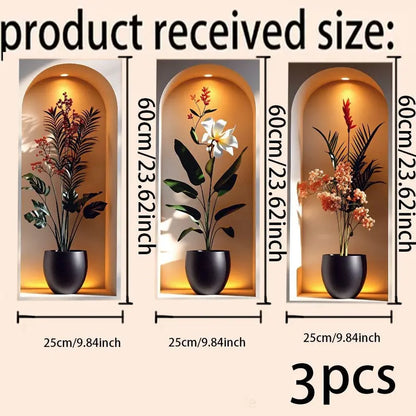 3Pcs Elegant Tropical Plant Niche Wall Stickers, Arch Display Window Theme Exotic Leaf Floral Fake Window Scene