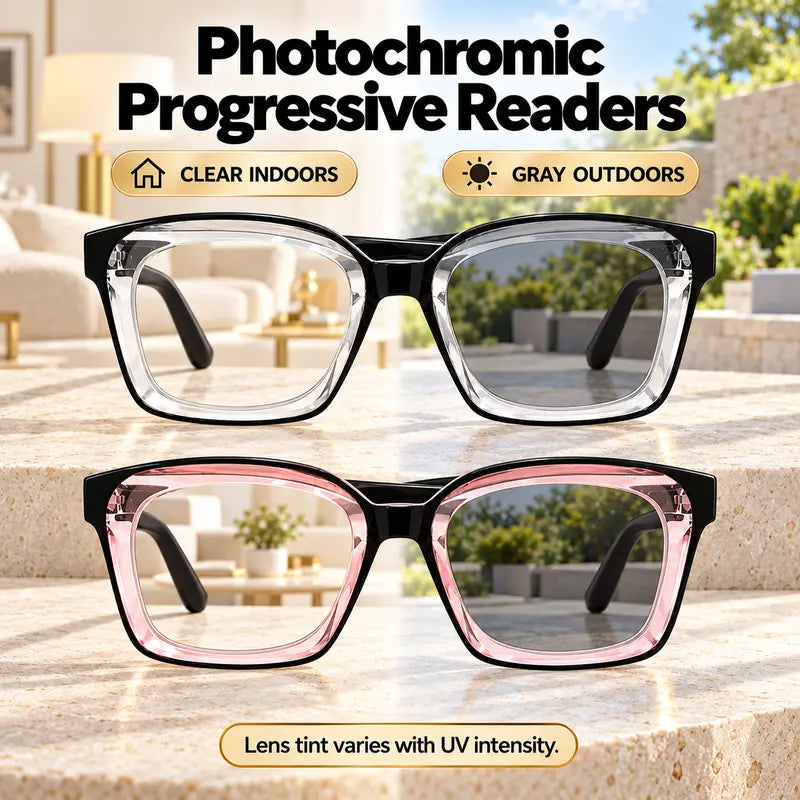 Unisex Progressive Reading Glasses, Photochromic Color Changing Lenses