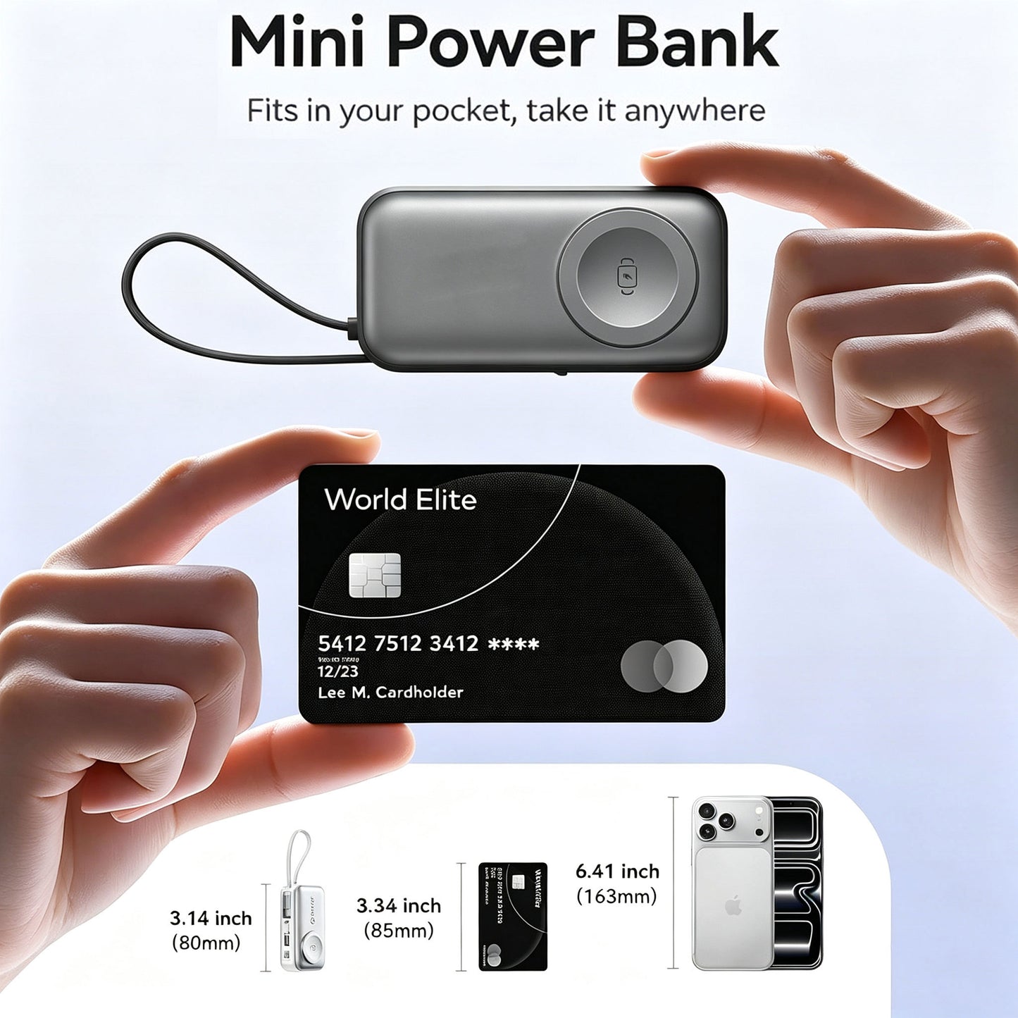 3-in-1 5000mAh Portable Charger with Built-in USB-C Cable | Mini Power Bank for Apple Watch