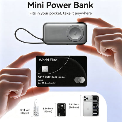 3-in-1 5000mAh Portable Charger with Built-in USB-C Cable | Mini Power Bank for Apple Watch
