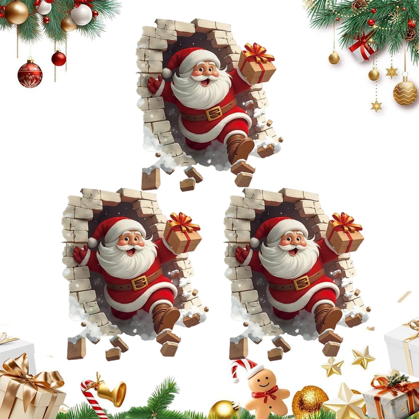 3Pcs 3D Funny Santa Claus Breakthrough Wall Decals, Removable Winter Holiday Window and Refrigerator Decorations