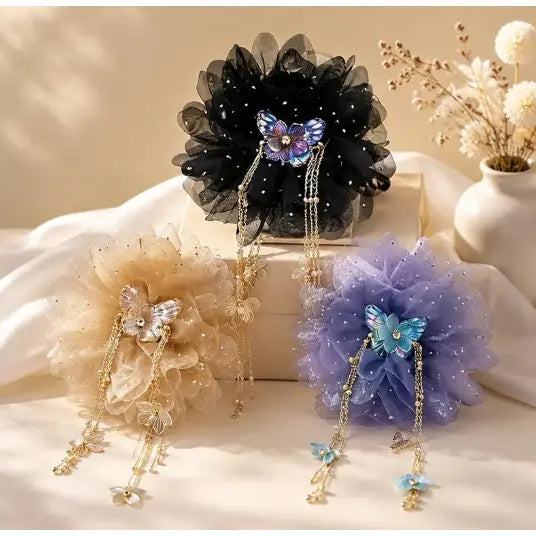 3-Piece Butterfly Tassel & Tulle Peony Hair Clip Set, Non-Slip Claw Clip