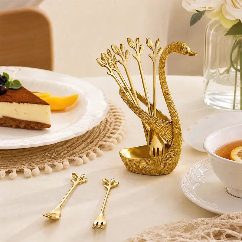 Swan Spoon Holder Set with 6 Small Dessert Spoons