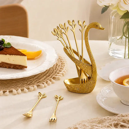 Swan Spoon Holder Set with 6 Small Dessert Spoons
