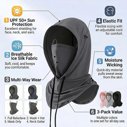 3Pcs Cooling Balaclava Mask for Men Women -Sun UV Protection Hood Face Cover