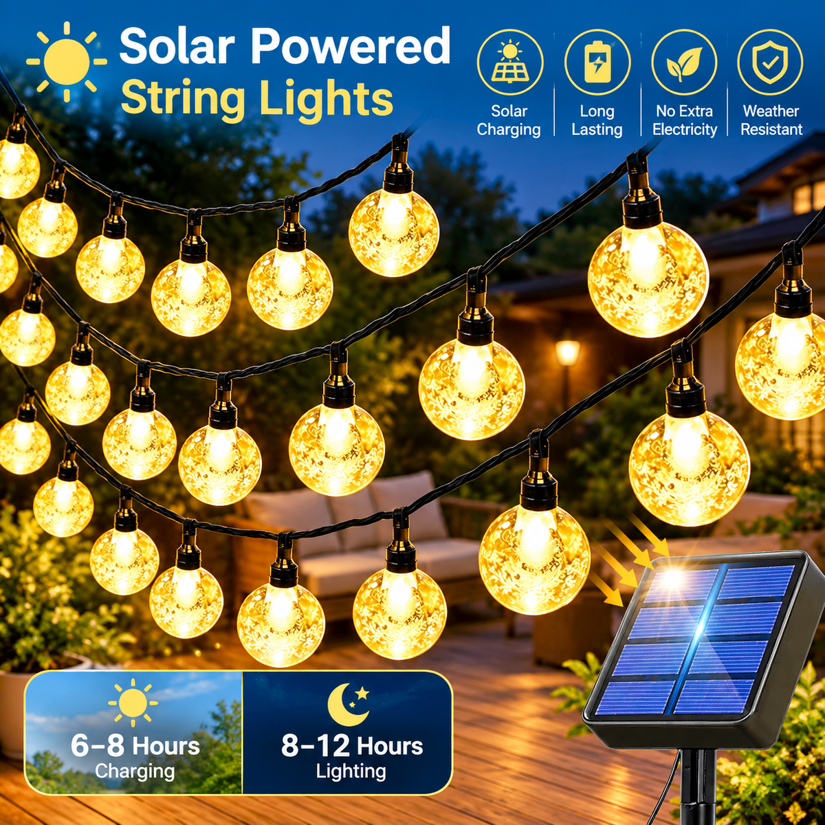Solar String Lights Outdoor, 16.4ft 20 LED Warm White Globe String Lights with 8 Modes