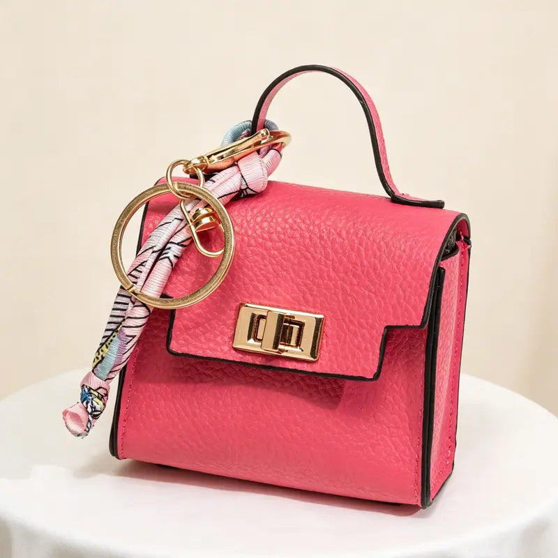 Mini Leather Square Bag Pendant Keychain with Colorful Strap