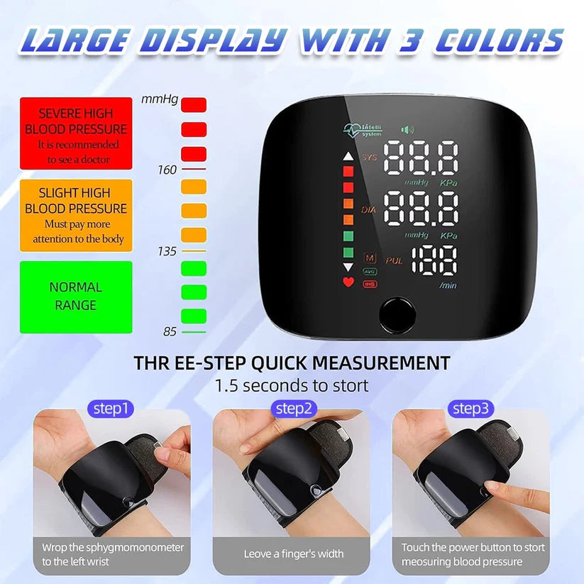 Blood Pressure Monitor Automatic Wrist Machine Large Backlit Display