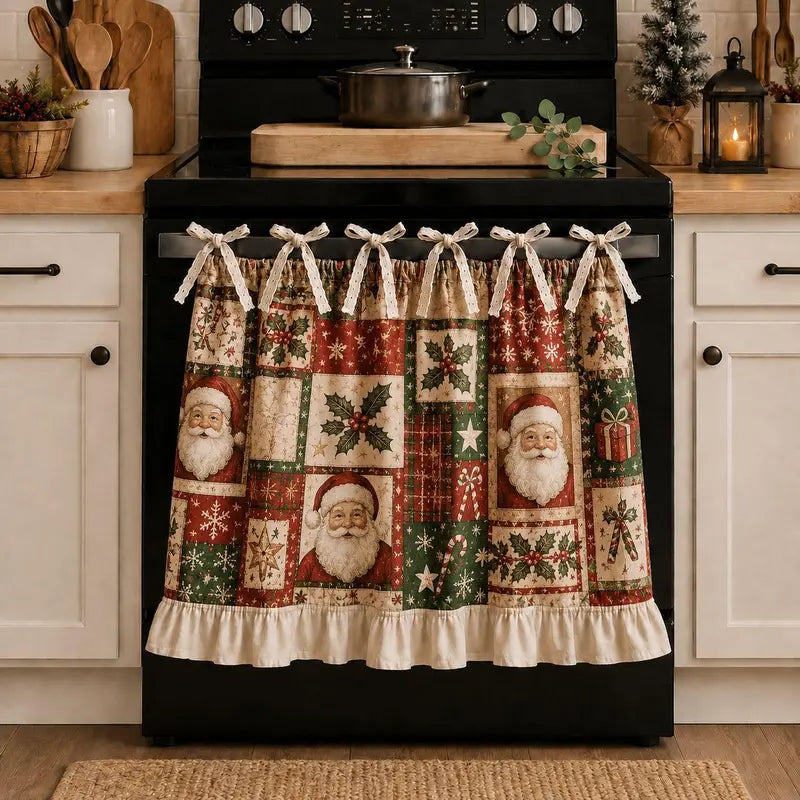 Christmas Stove Skirt, Patchwork Oven Curtain with Bow Tie Ties