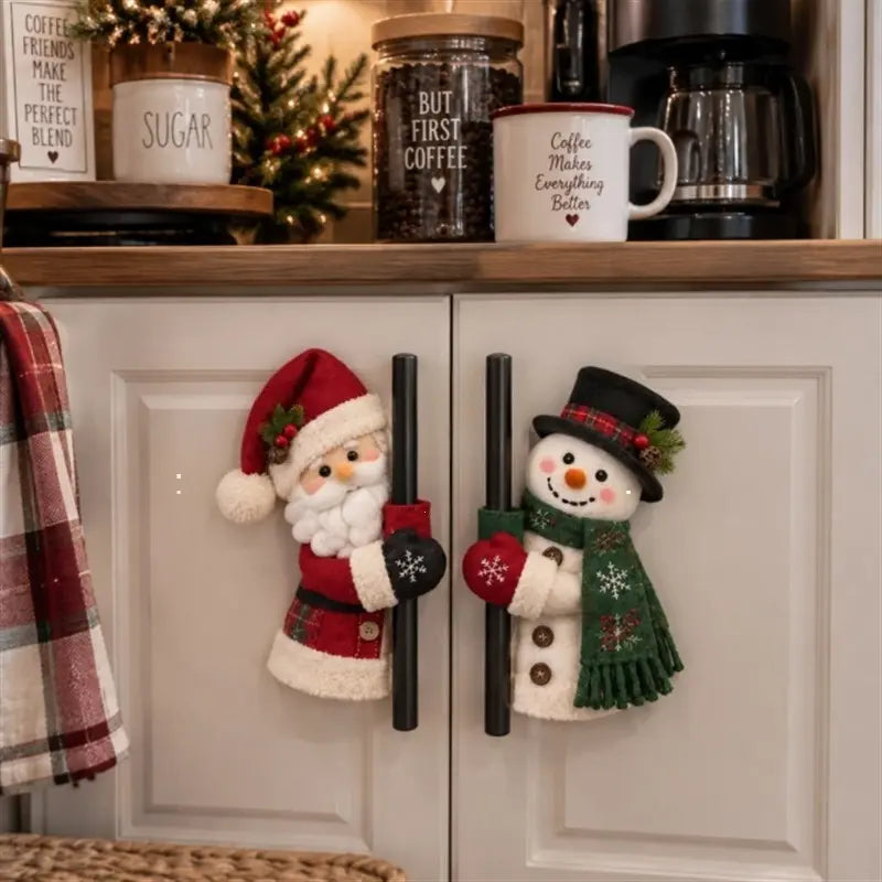 2 PCS Christmas Handle Covers, Plush Santa & Snowman Handle Huggers for Refrigerator, Oven, Cabinet & Door Handles