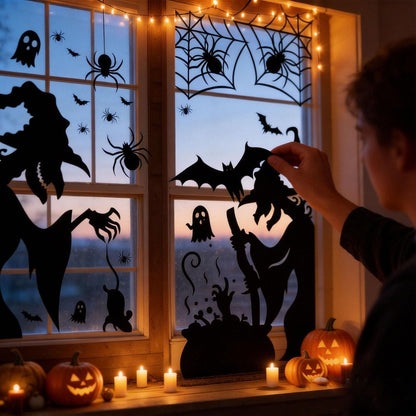 4Pcs Halloween Window Clings Silhouette Stickers Witch Bats Ghosts