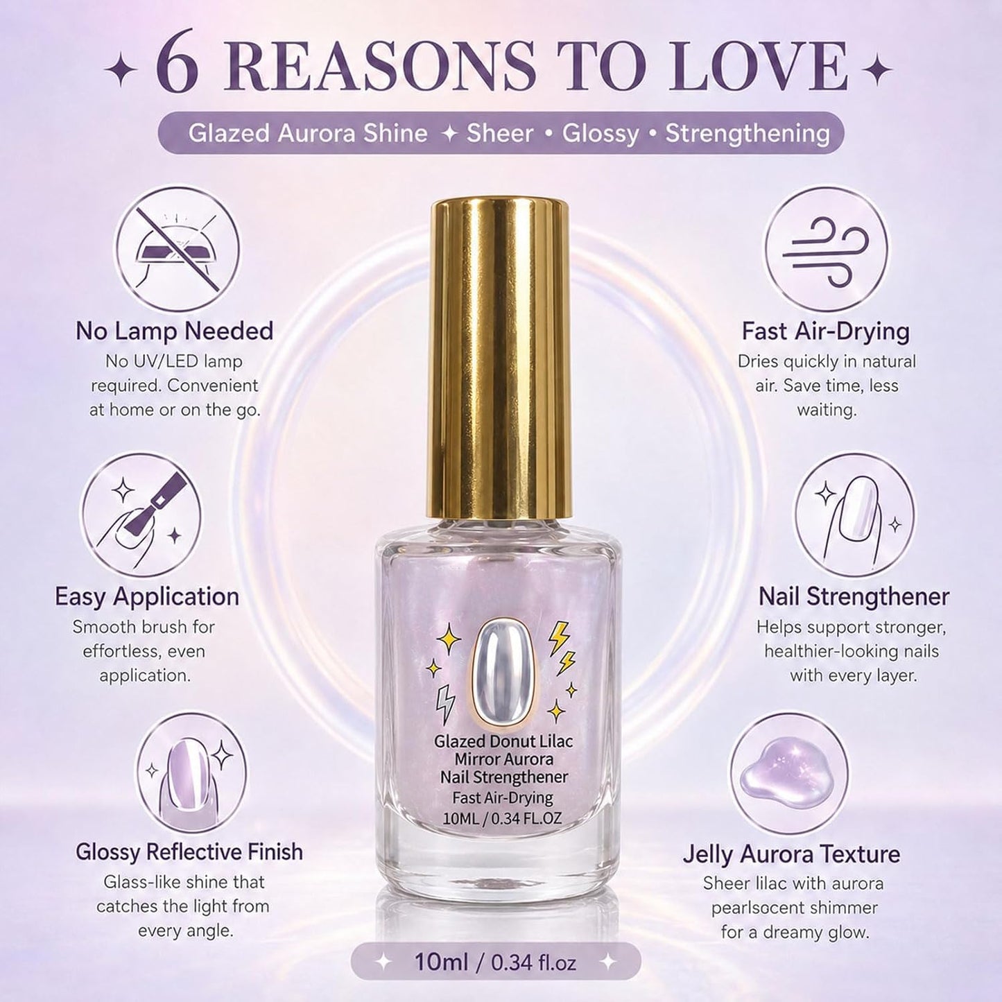 2Pcs Lilac Glossy Mirror Nail Strengthener, Glazed Donut Lilac Mirror Aurora Nail Strengthener Fast Air-Dry