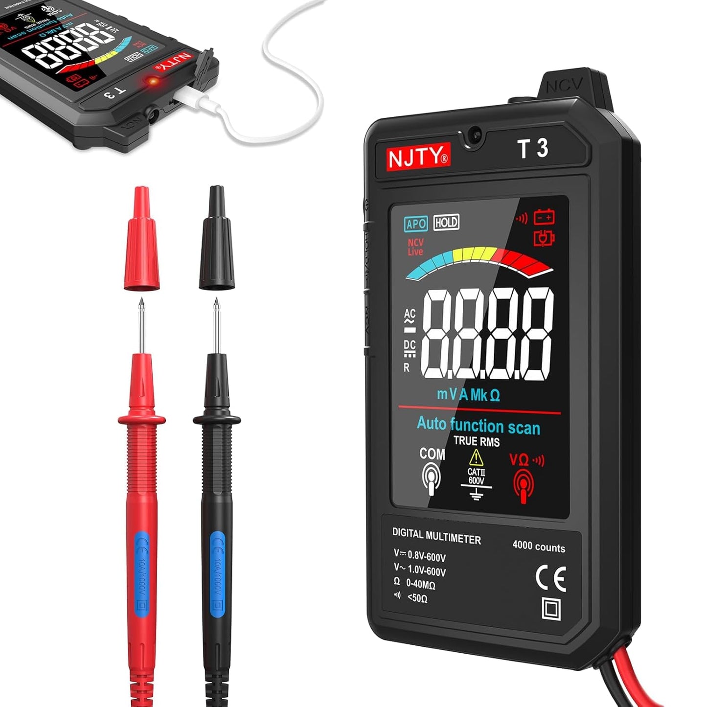 T3 Smart Digital Multimeter, Ultra-Thin Rechargeable Voltmeter with 3.2" Color LCD