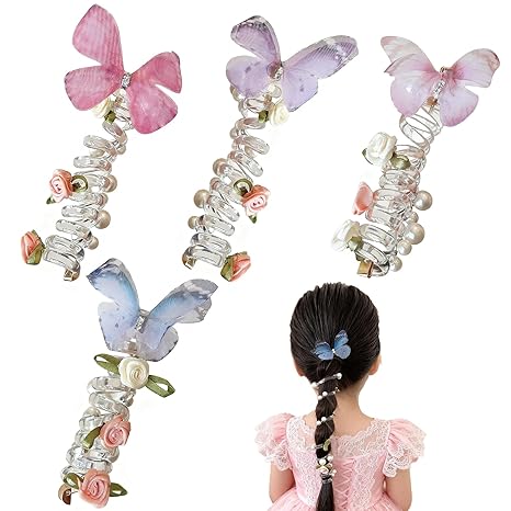 4PC Pearl Butterfly Telephone Wire Hair Ties – Spiral Elastic Bubble Ponytail Hair Bands