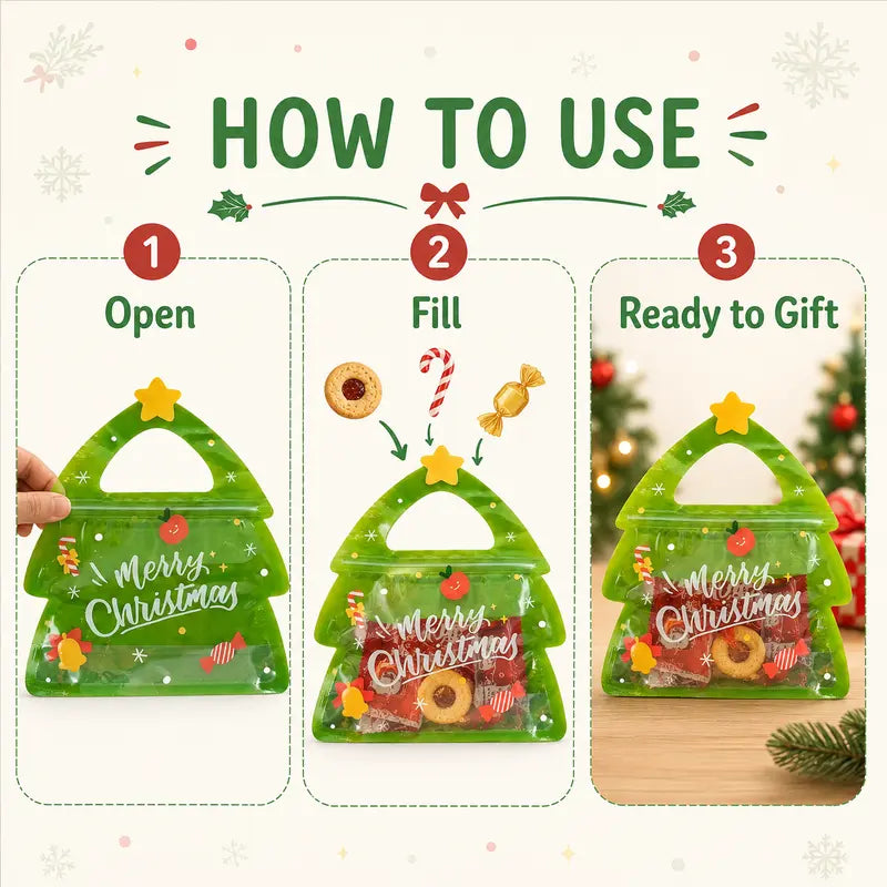 30 Pcs Christmas Party Candy Resealable Bags, Christmas Tree Shaped Plastic Zipper Snack Bags with Handles
