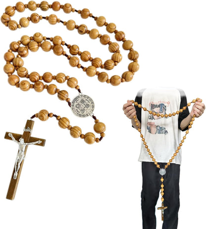 Handmade Wooden Wall Cross with San Benito Medal, 42 Inch Large Crucifix